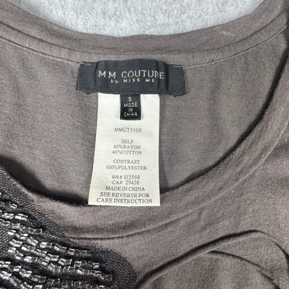 MM Couture by Miss Me Gray Distressed Beaded Cutout Top MMCT1128 Small - Picture 4 of 5